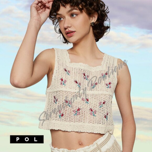 POL Natural Sand Crochet Embroidered Floral Boho Cotton Crop Top - Picture 1 of 9